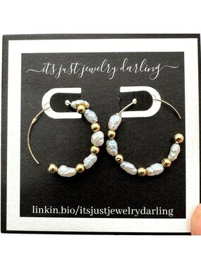 14K Yellow Gold Seed Pearl One Inch Hoop Earrings Pierced
